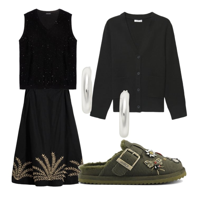 Outfit donna - Cena fuori. Stile Minimal per Serata fuori. Abbinamento con gonne lunghe, cardigans, top, orecchini, sabot.