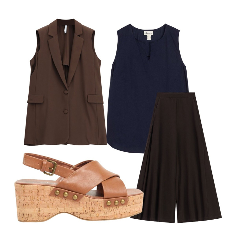 Outfit donna - Settembre. Stile Mannish per Tutti i giorni. Abbinamento con zeppe, top, pantaloni a palazzo, gilet.