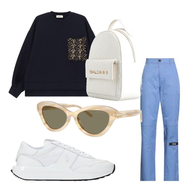 Outfit donna - Settembre. Stile Sporty chic per Sport. Abbinamento con zaini, pantaloni cargo, felpe, sneakers, occhiali da sole.