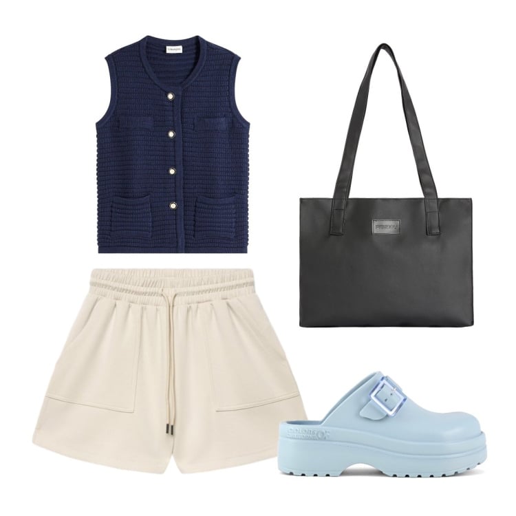Outfit donna - Umore estivo. Stile Sporty chic per Tutti i giorni. Abbinamento con maglieria, bermuda, shopping bag, zoccoli.
