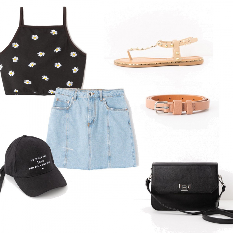 Outfit donna - Summer low cost. Stile Basic per Tutti i giorni. Abbinamento con borsa a tracolla in ecopelle nero, sandali con borchie beige, top jersey nero, gonna mini con zip in denim con orlo blu, cappello baseball nero, cintura in ecopelle tinta unita rosa.