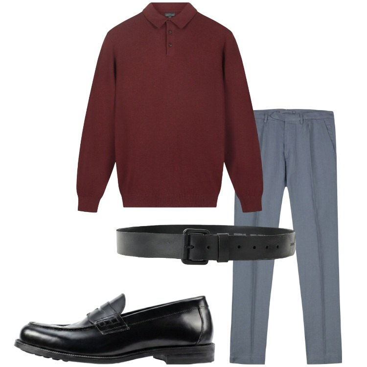 Outfit uomo - Polo a manica lunga. Stile Business/Elegante per Ufficio. Abbinamento con cinture, pantaloni, scarpe stringate, polo.