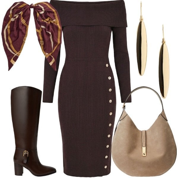 Outfit donna - nuova stagione, nuovo look. Stile Glamour per Tutti i giorni. Abbinamento con vestiti asimmetrici, borse a spalla, orecchini, foulard, stivali.