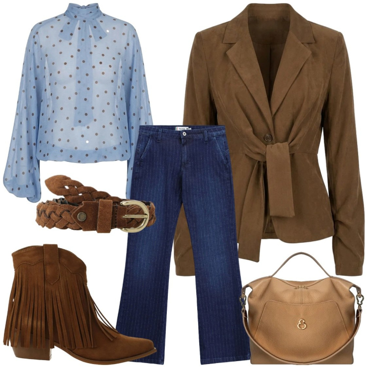 Outfit donna - Il mio stile. Stile Chic per Ufficio. Abbinamento con stivaletti texani, cinture, jeans a zampa, borse a mano, bluse, blazer.