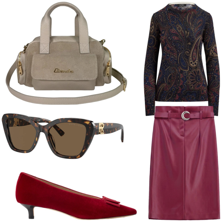 Outfit donna - Camoscio negli accessori. Stile Chic per Tutti i giorni. Abbinamento con gonne longuette, borse a mano, occhiali da sole, décolleté, maglieria.