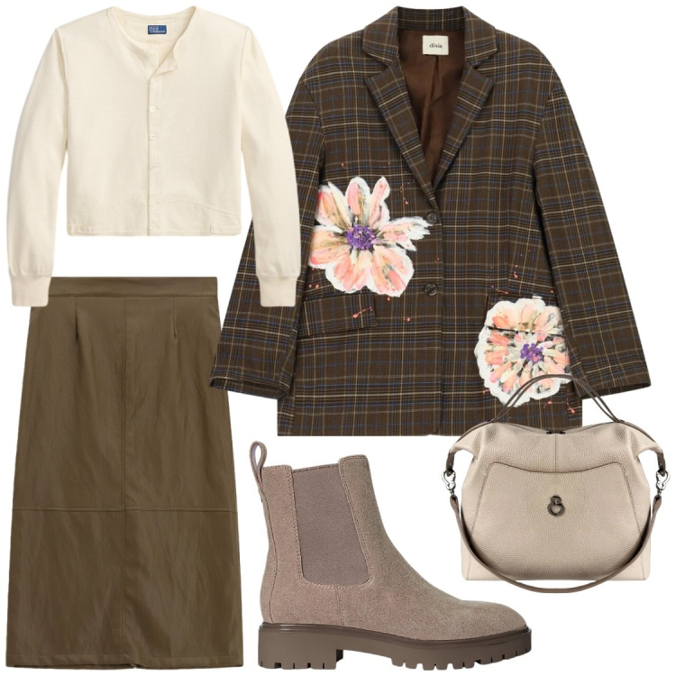Outfit donna - L\'originalità vince sempre. Stile Chic per Ufficio. Abbinamento con gonne longuette, blazer, borse a mano, stivaletti, cardigans.