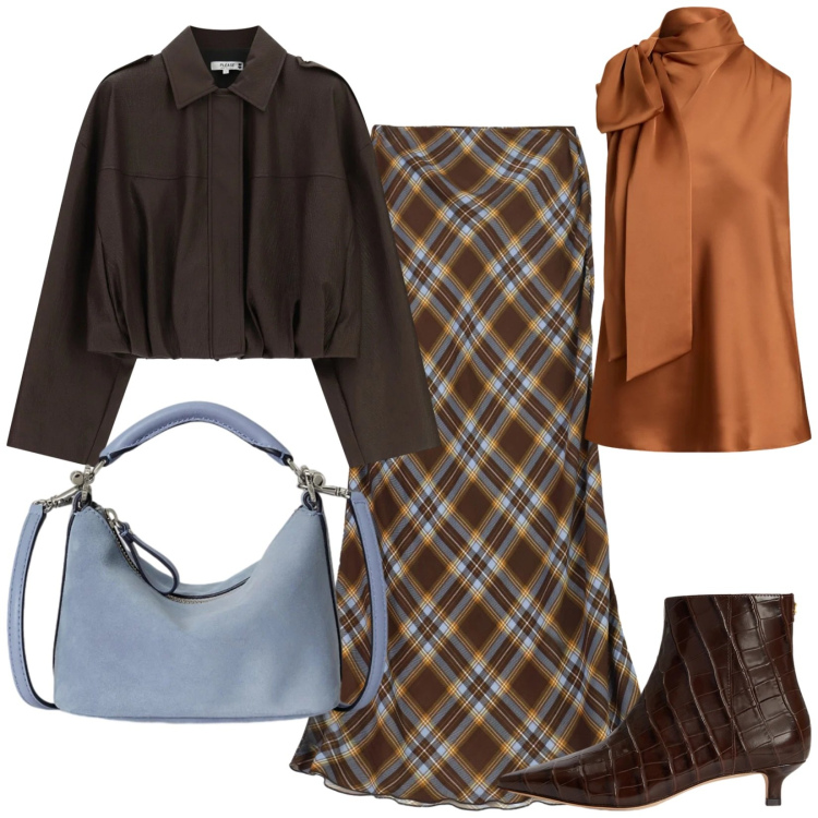 Outfit donna - Autunno trendy con il tartan. Stile Trendy per Tutti i giorni. Abbinamento con gonne lunghe, bomber, bluse, borse a spalla, stivaletti.