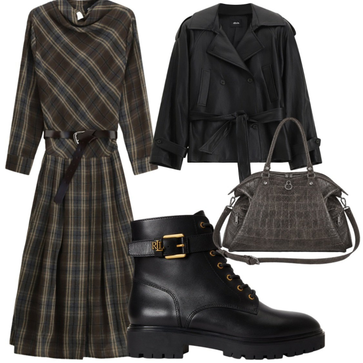Outfit donna - Giorni di pioggia in chic. Stile Chic per Ufficio. Abbinamento con trench, vestiti asimmetrici, shopping bag, anfibi.