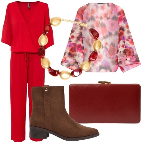 Outfit donna - Rientro con eleganza. Stile Glamour per Serata fuori. Abbinamento con stivaletti, tute, blazer, pochette, collane.