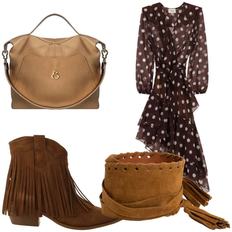 Outfit donna - Gli stivaletti texani. Stile Boho per Tutti i giorni. Abbinamento con stivaletti texani, vestiti midi/longuette, borse a mano, cinture.