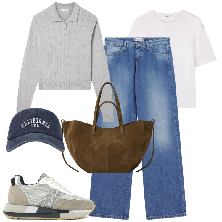 Outfit donna - Settembre. Stile Casual chic per Tutti i giorni. Abbinamento con t-shirt, t-shirt, cappelli con visiera, jeans dritti, borse tote, sneakers.