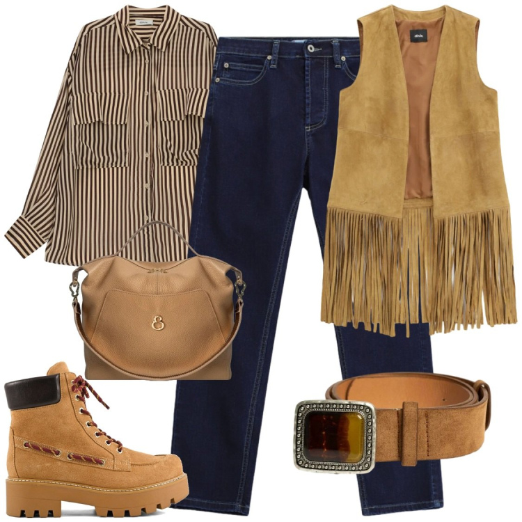 Outfit donna - Semplicemente me stessa. Stile Chic per Ufficio. Abbinamento con camicie, gilet, jeans slim fit, borse a mano, cinture, stivali.