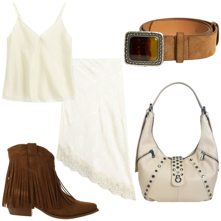 Outfit donna - Speciale accessori suede. Stile Boho per Serata fuori. Abbinamento con stivaletti texani, top, gonne longuette, borse a spalla, cinture.