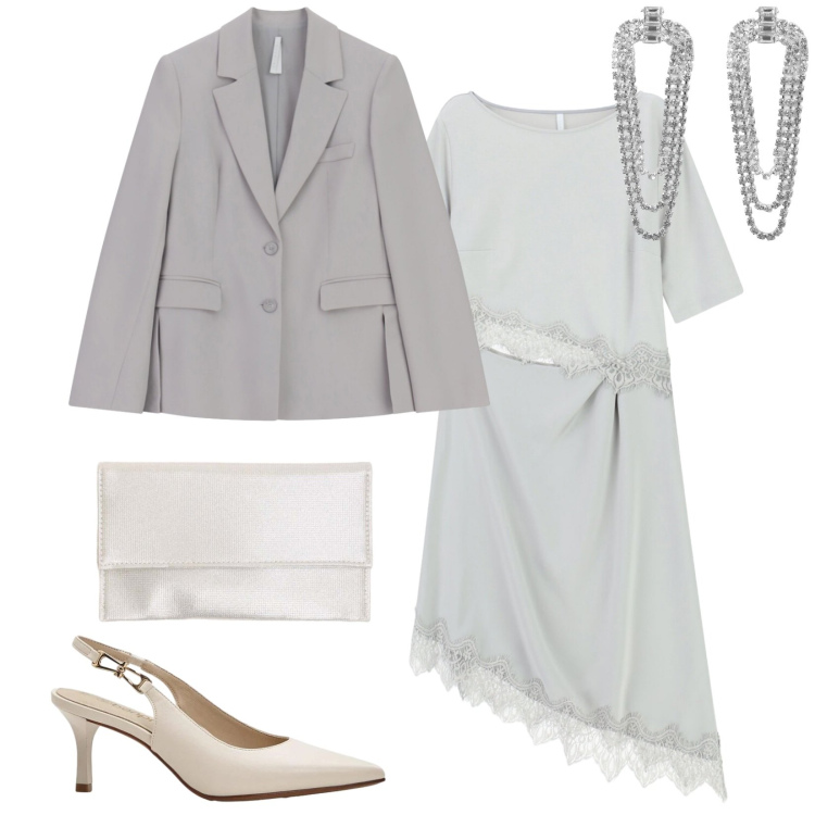 Outfit donna - Total look #2470431. Stile Bon Ton per Cerimonia. Abbinamento con décolleté, blazer, vestiti asimmetrici, orecchini, pochette.