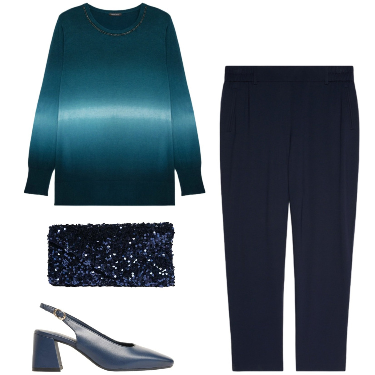 Outfit donna - Total look #2470432. Stile Chic per Serata fuori. Abbinamento con décolleté, maglieria, pantaloni, pochette.