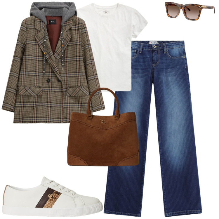 Outfit donna - City. Stile Casual chic per Tutti i giorni. Abbinamento con blazer, jeans dritti, occhiali da sole, t-shirt, borse a mano, sneakers.