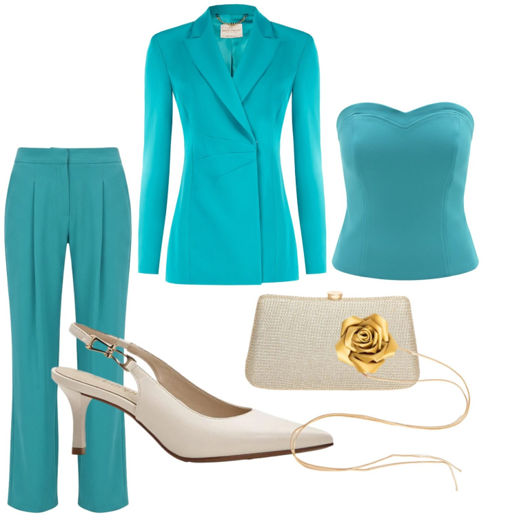 Outfit donna - Cerimonia chic. Stile Chic per Cerimonia. Abbinamento con décolleté, blazer, top, pantaloni, collane, pochette.