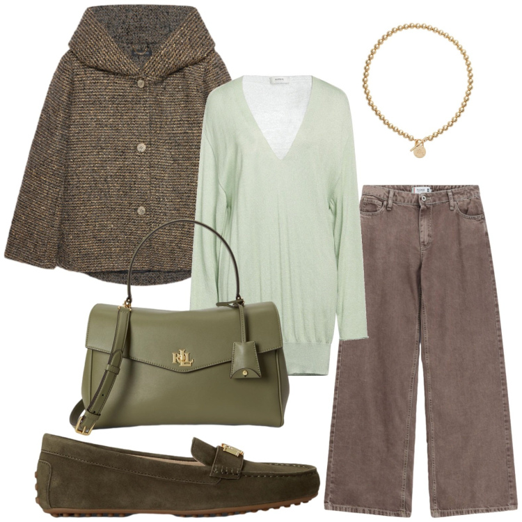 Outfit donna - Sottobosco di colori. Stile Glamour per Tutti i giorni. Abbinamento con pullovers, jeans dritti, blazer, collane, mocassini, borse a mano.