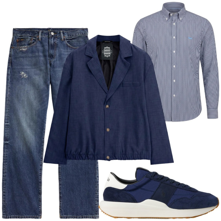 Outfit uomo - Sportivo in ufficio. Stile Casual per Ufficio. Abbinamento con camicie, giacche, jeans dritti, sneakers.