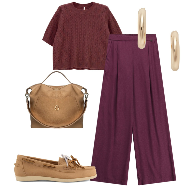 Outfit donna - Colori alla moda. Stile Casual chic per Tutti i giorni. Abbinamento con maglieria, pantaloni a palazzo, borse a mano, orecchini, mocassini.