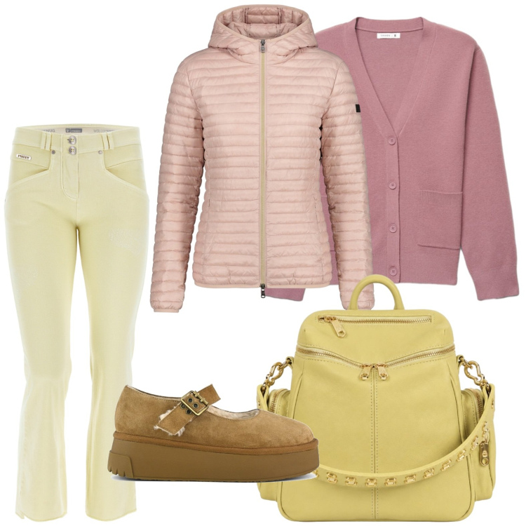 Outfit donna - Guardaroba colorato. Stile Casual per Tutti i giorni. Abbinamento con cardigans, pantaloni, zaini, piumini, décolleté.