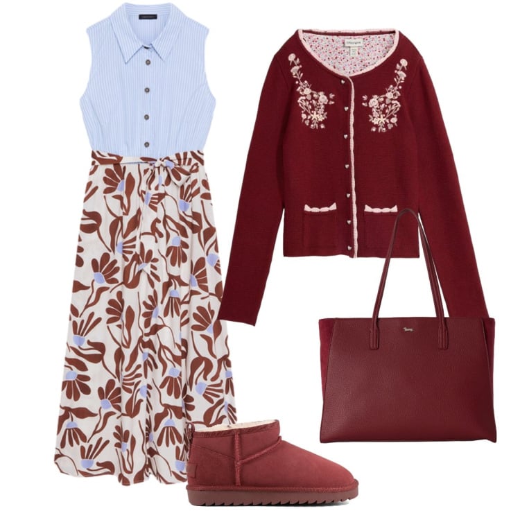 Outfit donna - Il color prugna la fa da padrone. Stile Bon Ton per Tutti i giorni. Abbinamento con cardigans, shopping bag, vestiti chemisier, stivaletti.