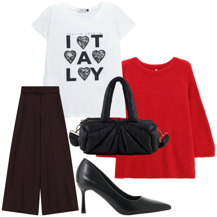 Outfit donna - Classy girl. Stile Glamour per Tutti i giorni. Abbinamento con maglieria, pantaloni a palazzo, décolleté, t-shirt, borse a mano.