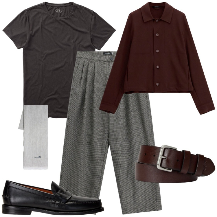 Outfit uomo - Autunno trendy. Stile Trendy per Ufficio. Abbinamento con sciarpe, pantaloni, camicie, t-shirt, cinture, scarpe stringate.