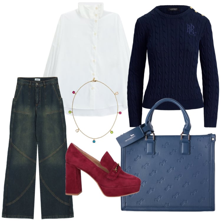 Outfit donna - Jeans moderno. Stile Basic per Tutti i giorni. Abbinamento con mocassini, borse a mano, jeans, camicie, collane, maglieria.