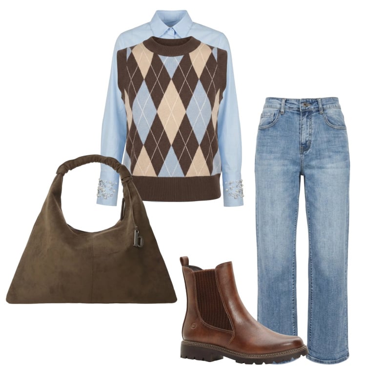 Outfit donna - Gilet a rombi. Stile Casual per Ufficio. Abbinamento con stivaletti, borse a spalla, camicie, maglieria, jeans.