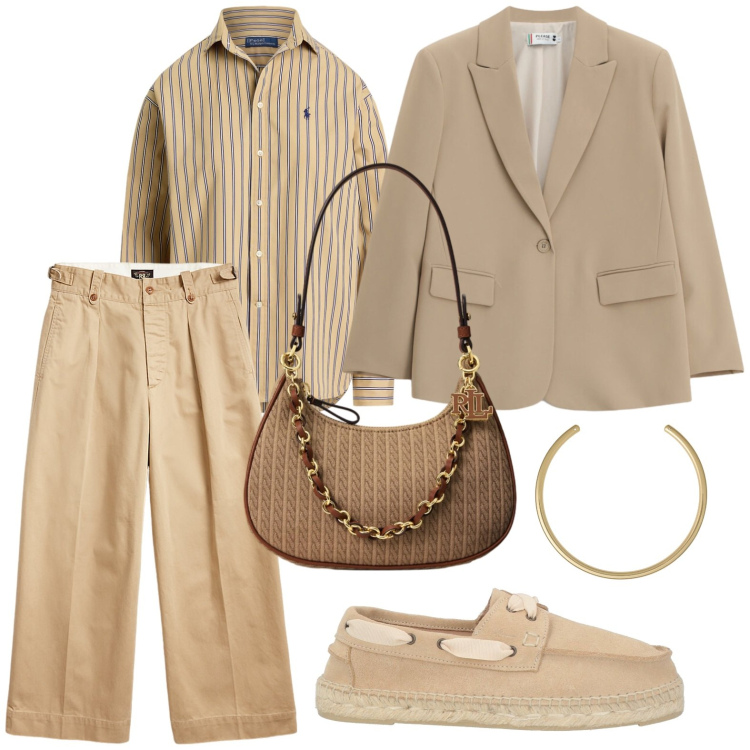 Outfit donna - Look monocromatico. Stile Casual per Tutti i giorni. Abbinamento con mocassini, blazer, pantaloni, collane, camicie, borse a spalla.