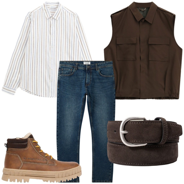 Outfit uomo - Autunno style. Stile Trendy per Tutti i giorni. Abbinamento con stivali e stivaletti, camicie, gilet, jeans, cinture.