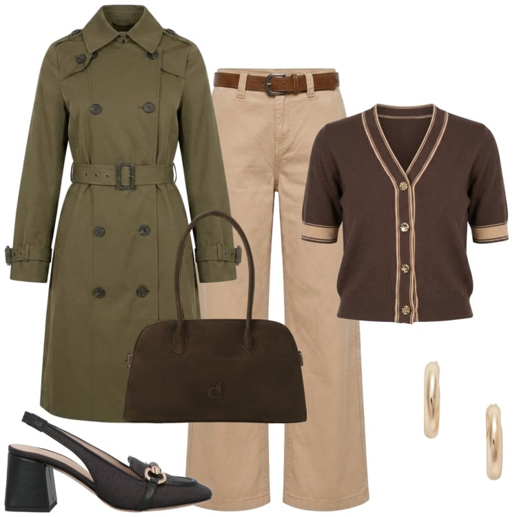 Outfit donna - Fall vibes. Stile Casual chic per Tutti i giorni. Abbinamento con décolleté, borse a spalla, pantaloni, trench, cardigans, orecchini.