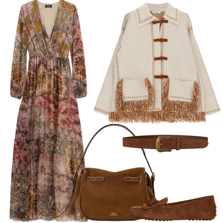 Outfit donna - Etno chic. Stile Etnico per Ufficio. Abbinamento con vestiti lunghi, cardigans, borse a mano, cinture, mocassini.