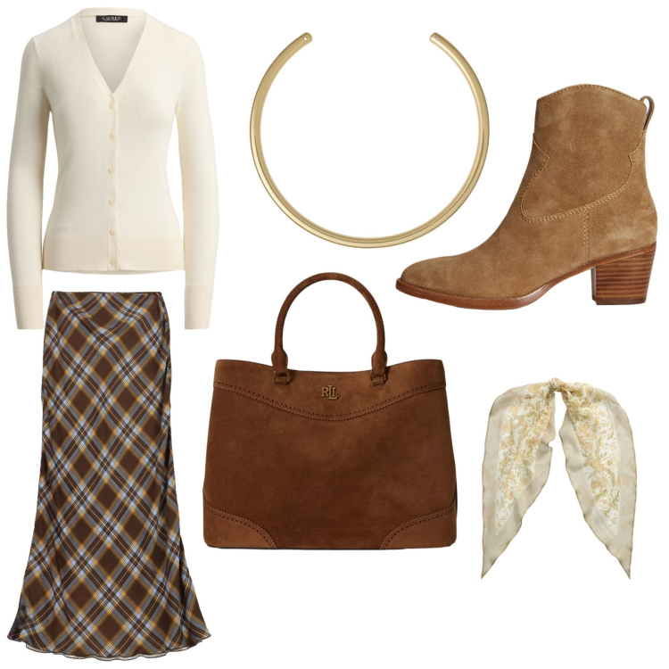 Outfit donna - Total look #2470452. Stile Casual per Tutti i giorni. Abbinamento con gonne lunghe, stivaletti, foulard, borse a mano, collane, cardigans.