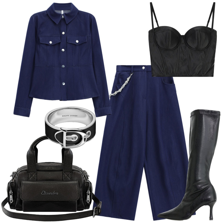 Outfit donna - Total look #2470457. Stile Rock per Serata fuori. Abbinamento con pantaloni a palazzo, camicie, stivali, top, borse a mano, anelli.