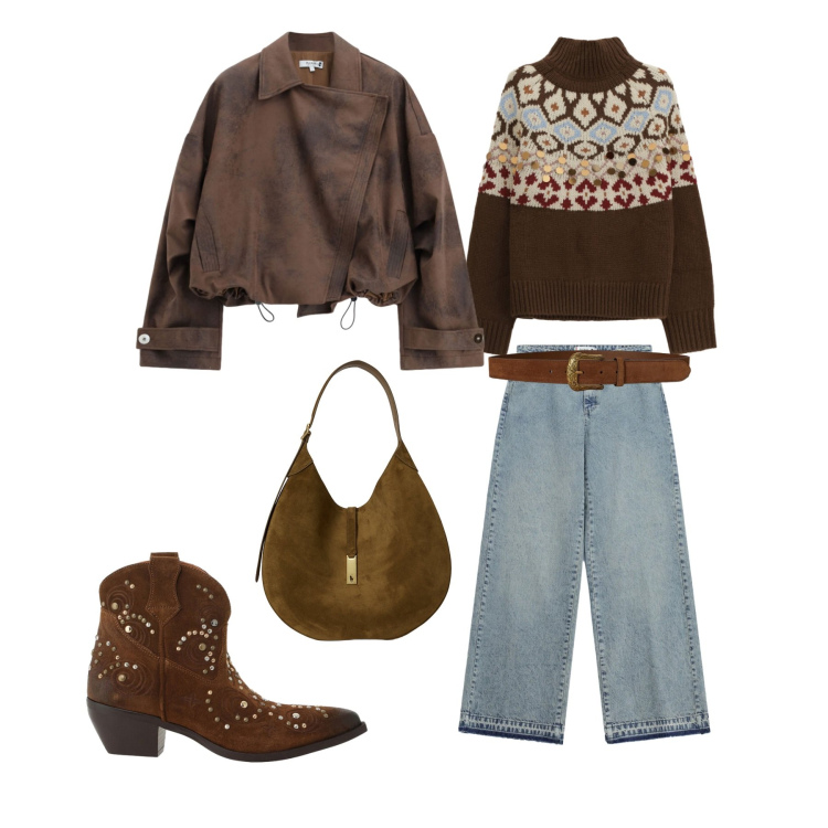 Outfit donna - Autunno. Stile Casual per Tutti i giorni. Abbinamento con pullovers, stivaletti texani, bomber, jeans dritti, borse a spalla, cinture.