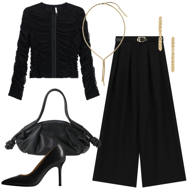 Outfit donna - Total look #2470460. Stile Glamour per Serata fuori. Abbinamento con pantaloni a palazzo, top, borse a mano, décolleté, collane, orecchini.