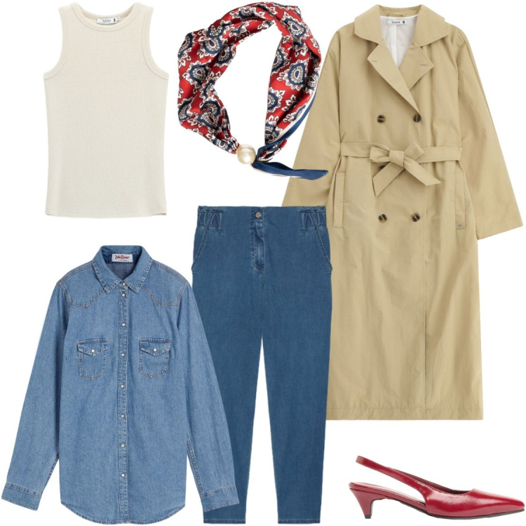 Outfit donna - Trench season. Stile Urban per Tutti i giorni. Abbinamento con camicie, décolleté, trench, canottiere, jeans, foulard.