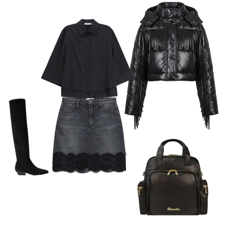 Outfit donna - Autunno. Stile Casual per Tutti i giorni. Abbinamento con minigonne, camicie, zaini, piumini, stivali sopra il ginocchio.