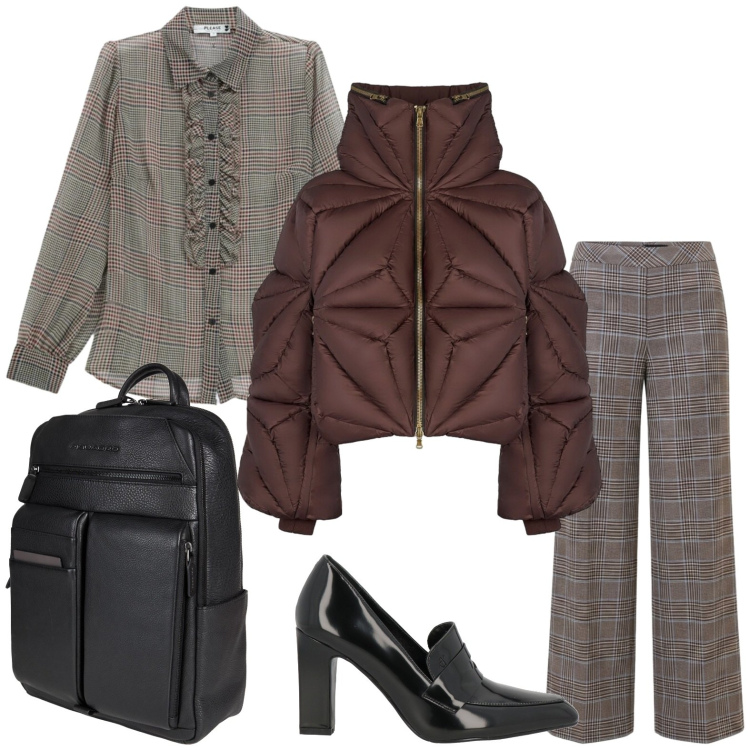 Outfit donna - Classe di stagione. Stile Casual per Tutti i giorni. Abbinamento con zaini, mocassini, pantaloni, camicie, piumini.
