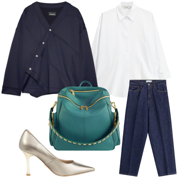 Outfit donna - Look raffinato. Stile Glamour per Ufficio. Abbinamento con camicie, décolleté, jeans, felpe, zaini.