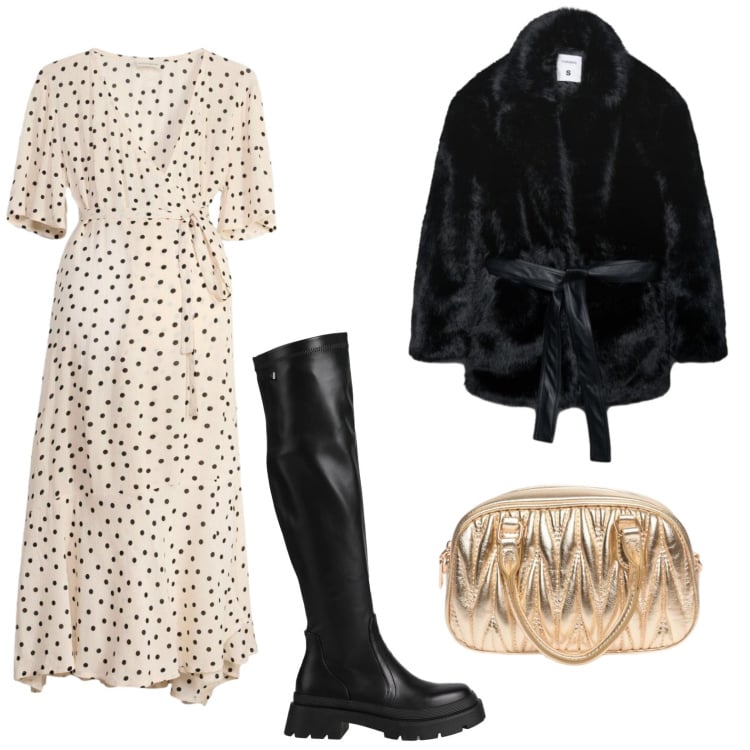 Outfit donna - Pois all night. Stile Chic per Serata fuori. Abbinamento con stivali, vestiti, cappotti, portafogli.