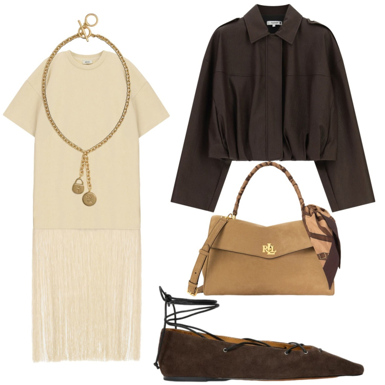 Outfit donna - Bomber e frange. Stile Casual chic per Tutti i giorni. Abbinamento con vestiti lunghi, bomber, ballerine, borse a mano, ciondoli.