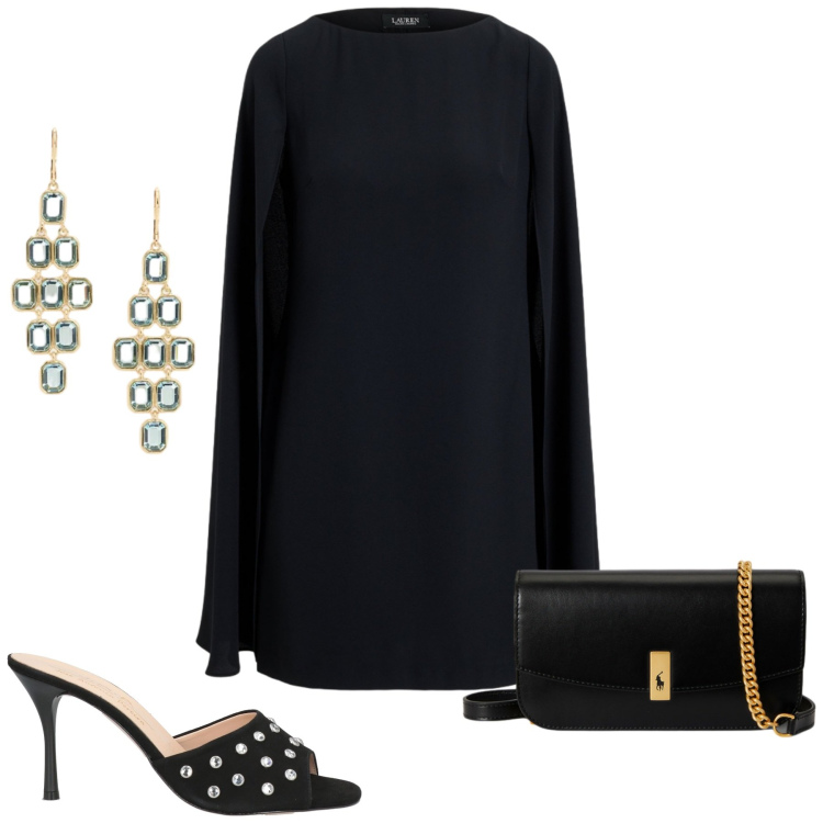 Outfit donna - Uscita chic. Stile Chic per Serata fuori. Abbinamento con sandali in pelle, clutch, vestiti, orecchini.