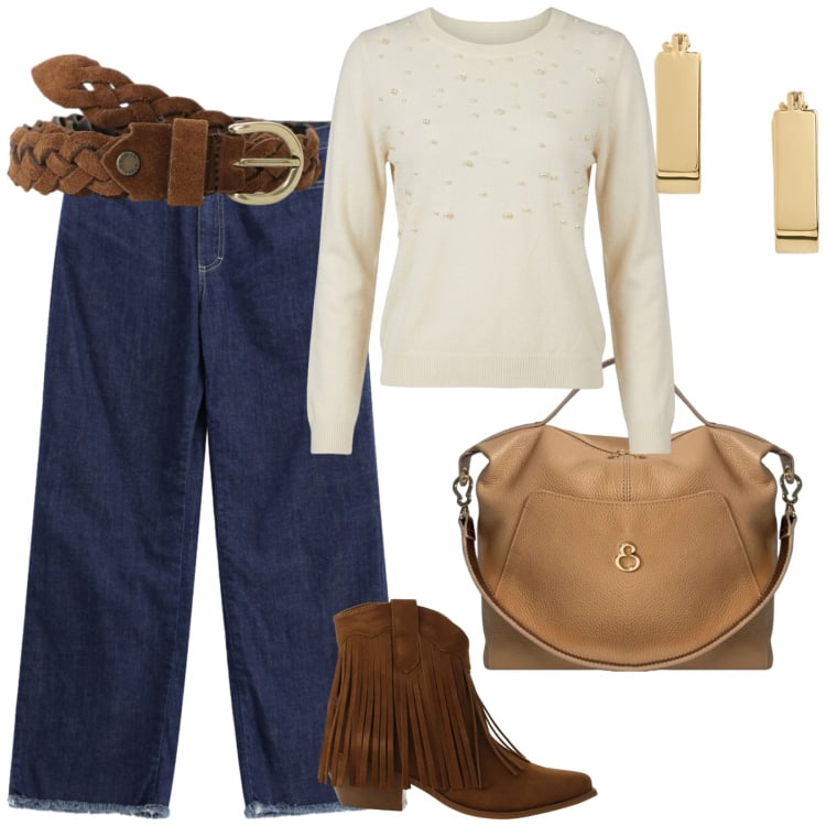 Outfit donna - Accessori suede. per Tutti i giorni. Abbinamento con stivaletti texani, cinture, jeans dritti, borse a mano, maglieria, orecchini.