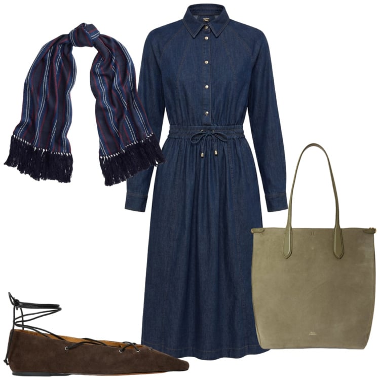 Outfit donna - Total look #2470474. Stile Casual chic per Tutti i giorni. Abbinamento con vestiti chemisier, borse tote, ballerine, sciarpe.