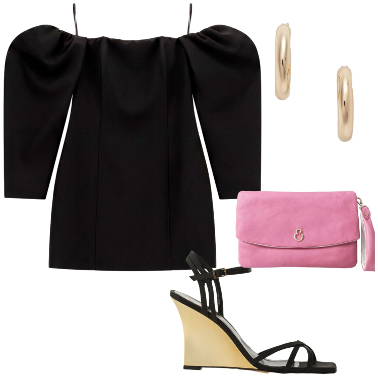 Outfit donna - Young. Stile Glamour per Serata fuori. Abbinamento con vestiti corti, sandali col tacco, pochette, orecchini.