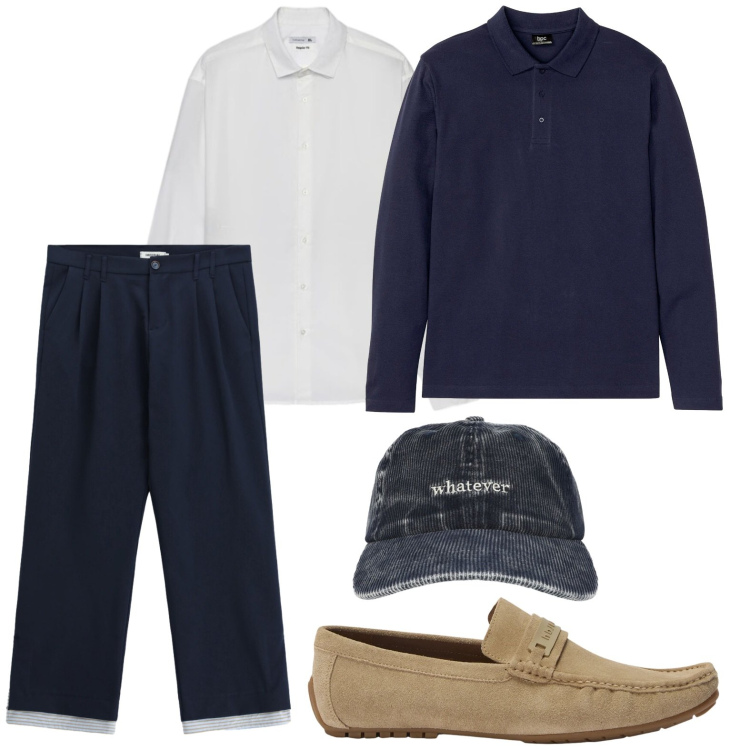 Outfit uomo - Polo a manica lunga. Stile Trendy per Tutti i giorni. Abbinamento con polo, scarpe stringate, pantaloni, cappelli, camicie.