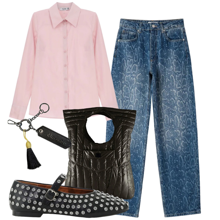 Outfit donna - Ballerine in autunno. Stile Casual chic per Tutti i giorni. Abbinamento con ballerine, jeans dritti, camicie, portachiavi, borse a mano.